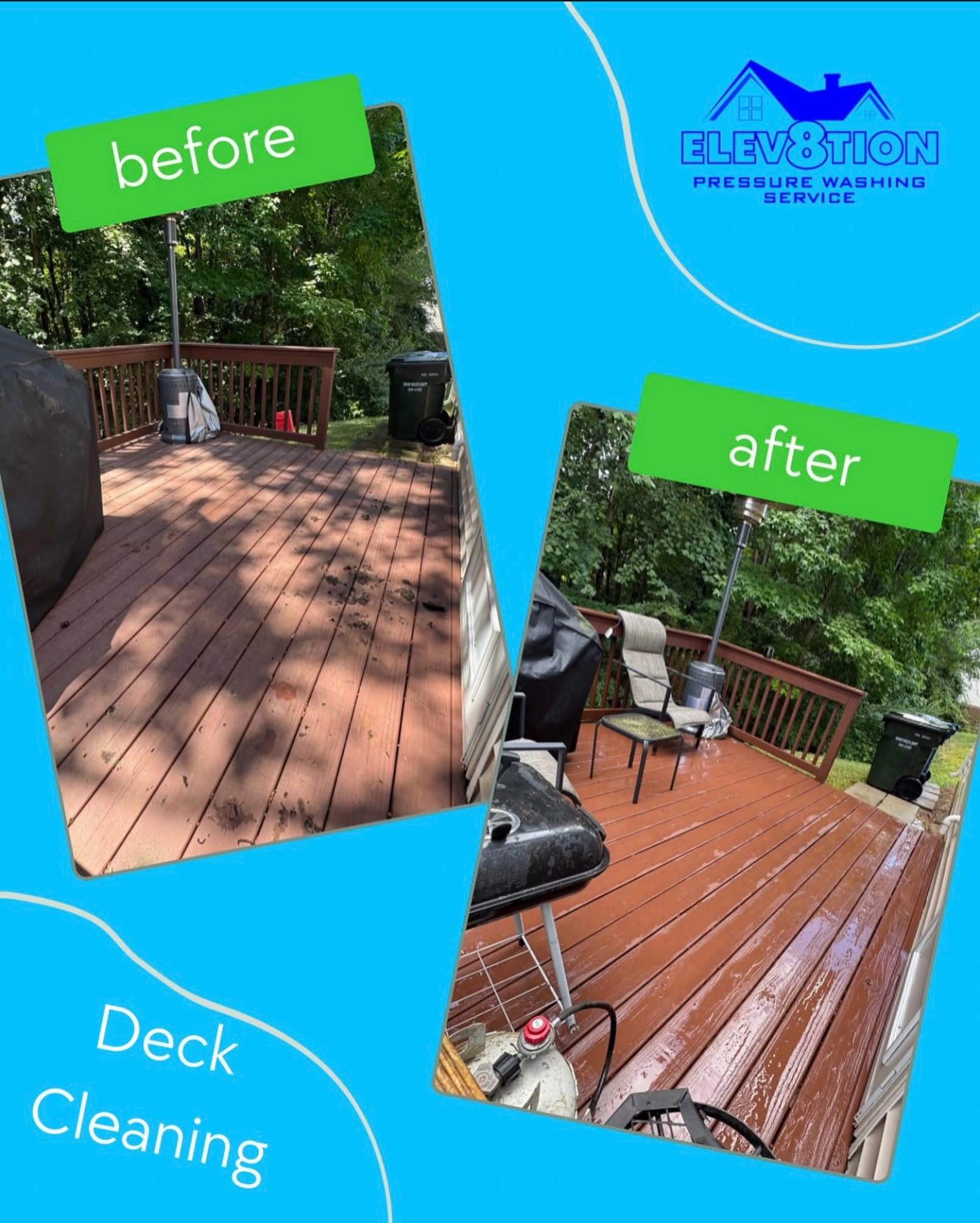 Deck before and after pressure washing transformation