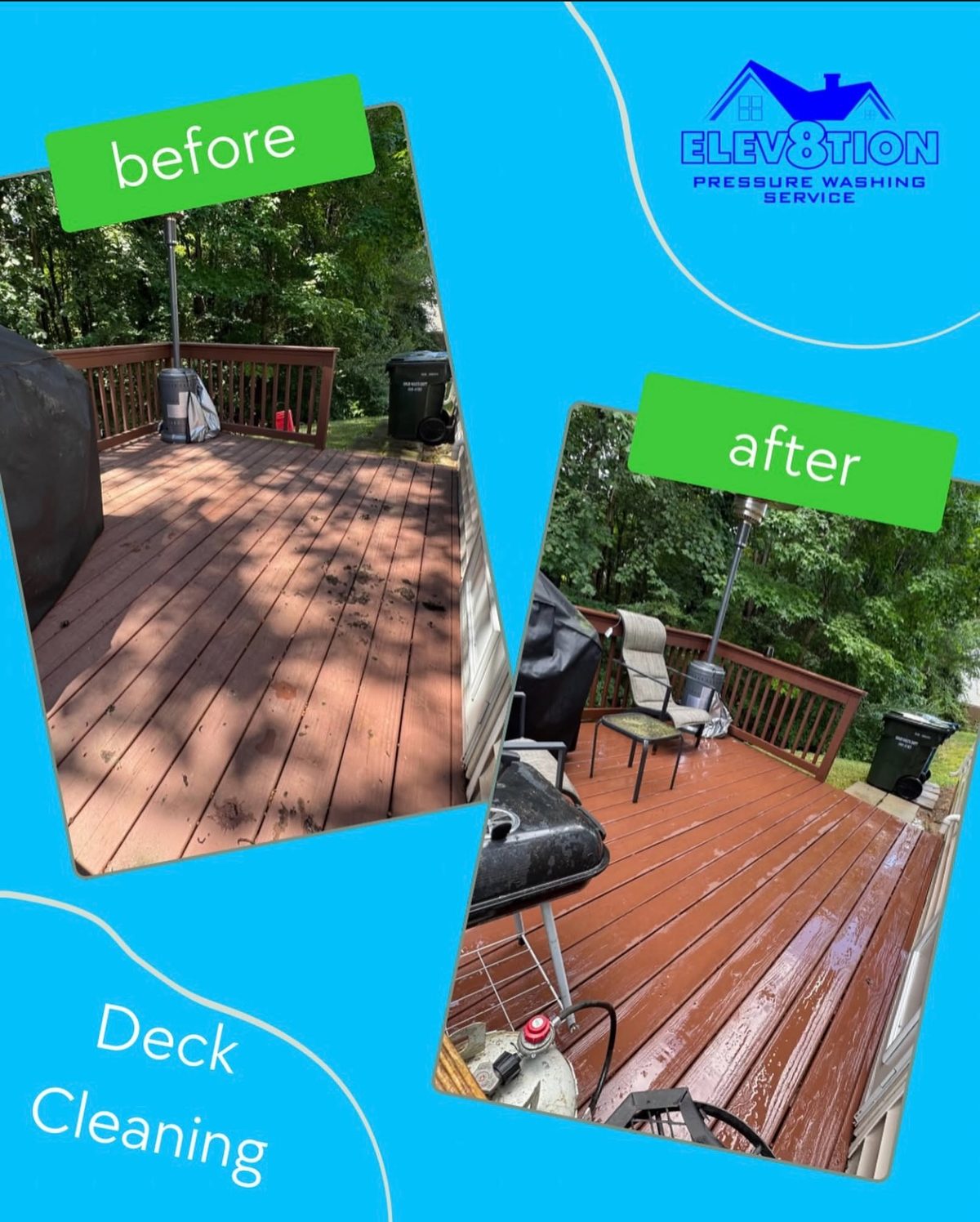Deck before and after pressure washing transformation